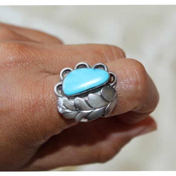 Sterling Silver Turquoise Navajo Ring Feather Native American 5.5 Signed 7.9g - Picture 2 of 11